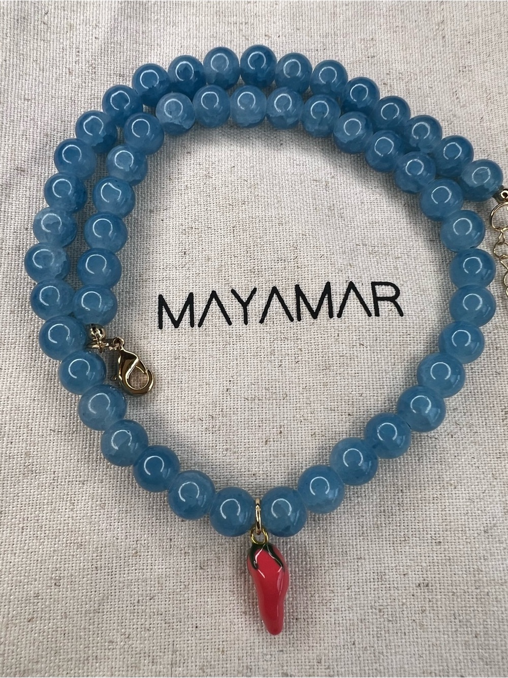 Mayamar Blue Beaded Necklace with Red Chili Charm Pendant NWOT